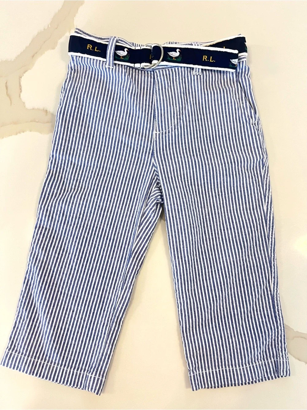 Ralph Lauren Baby Blue Seersucker Stripe Pants with Duck Belt | Size 12M